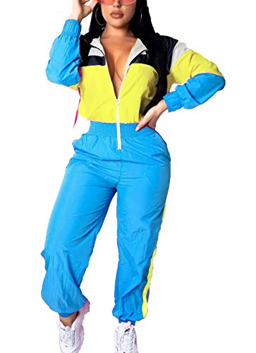 Women Colorblock One Piece Outfits Set High Waist Pants Long